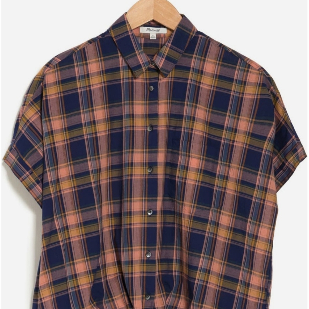 Madewell Plaid Tie Hem Button Front Short Sleeve Shirt Navy Blue Peach Medium - Picture 12 of 12